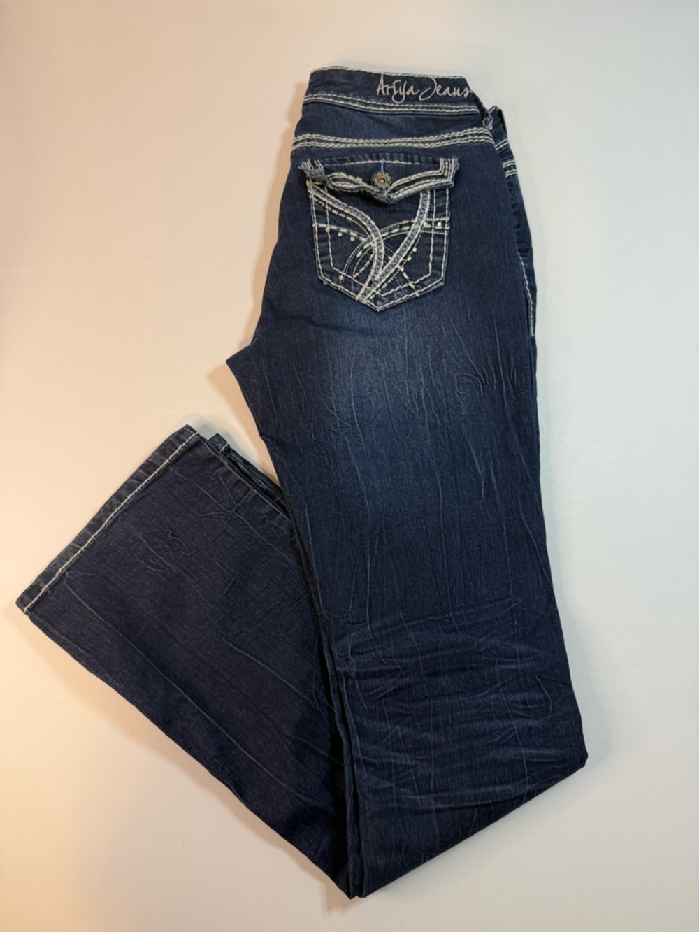 Ariya Jeans Women’s Juniors 9/10 Blue Bootcut Flap Pocket Contrast Stitch Y2K